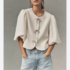 Anthro Dolan Puff Sleeve Bow Tweed Blazer Jacket, L